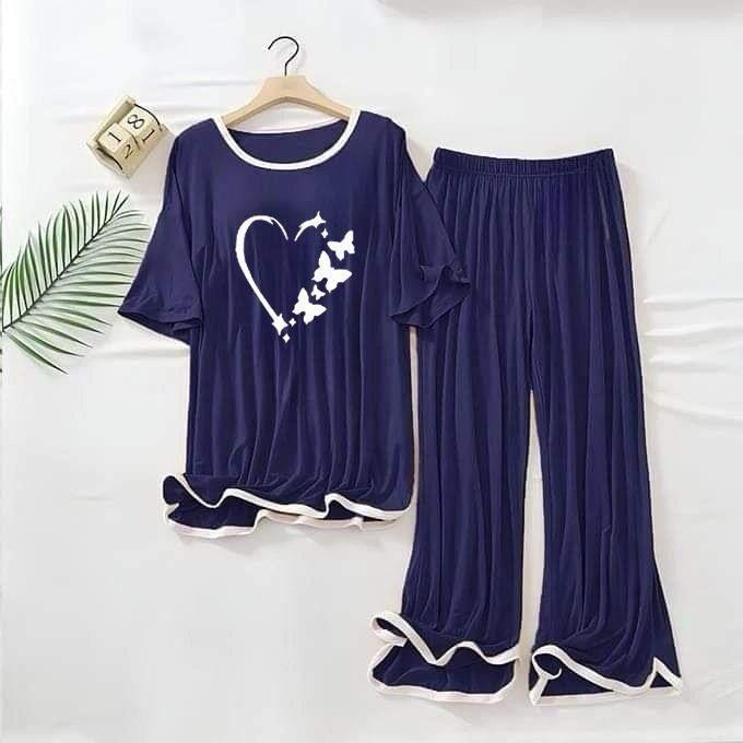 2 Pcs Heart Printed Printed Fleece Night Suit for Women